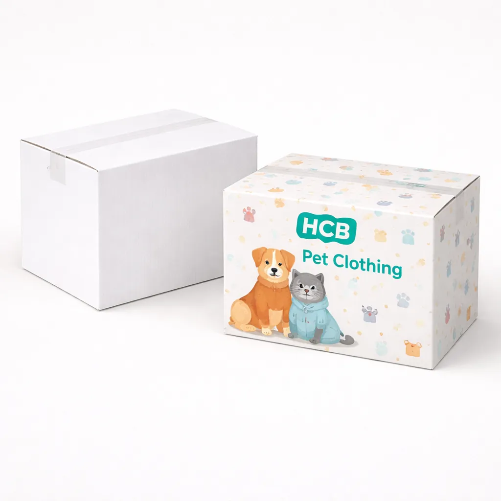 Two open flat-style cardboard boxes, one blank white and one with a colourful sitting dog illustration. class=